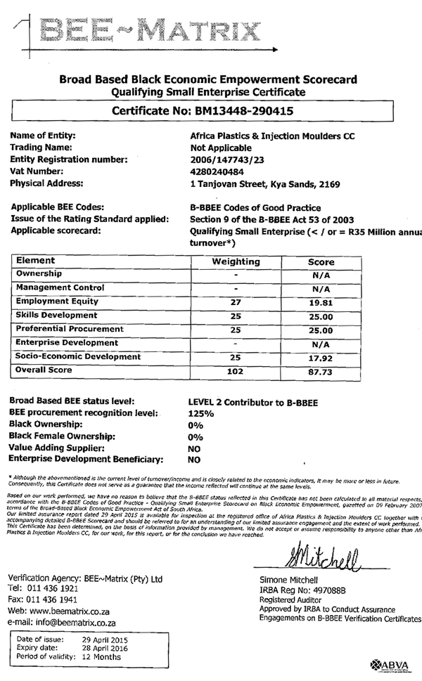 BEE Certificate